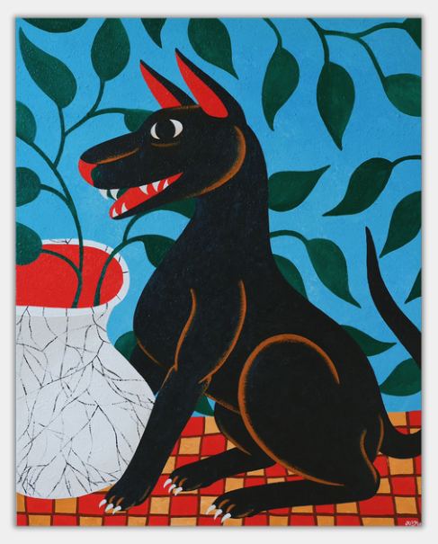 Black dog guarding vase. — Liam Alvy