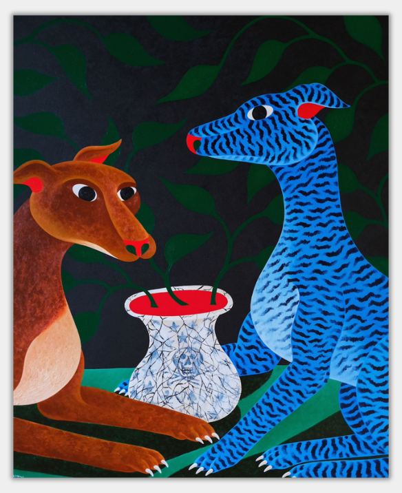 Two dogs, with the vase of life & death. — Liam Alvy