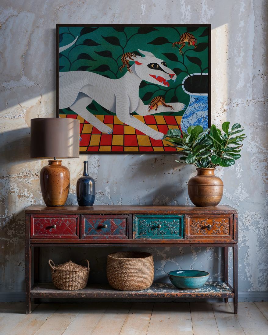 Dog and frogs, by a dragon vase. en ambiente real