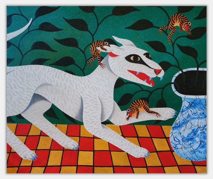 Dog and frogs, by a dragon vase. — Liam Alvy